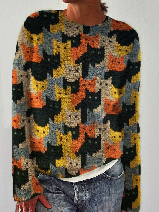 Knitted Sweater with Cat Pattern | Malinza