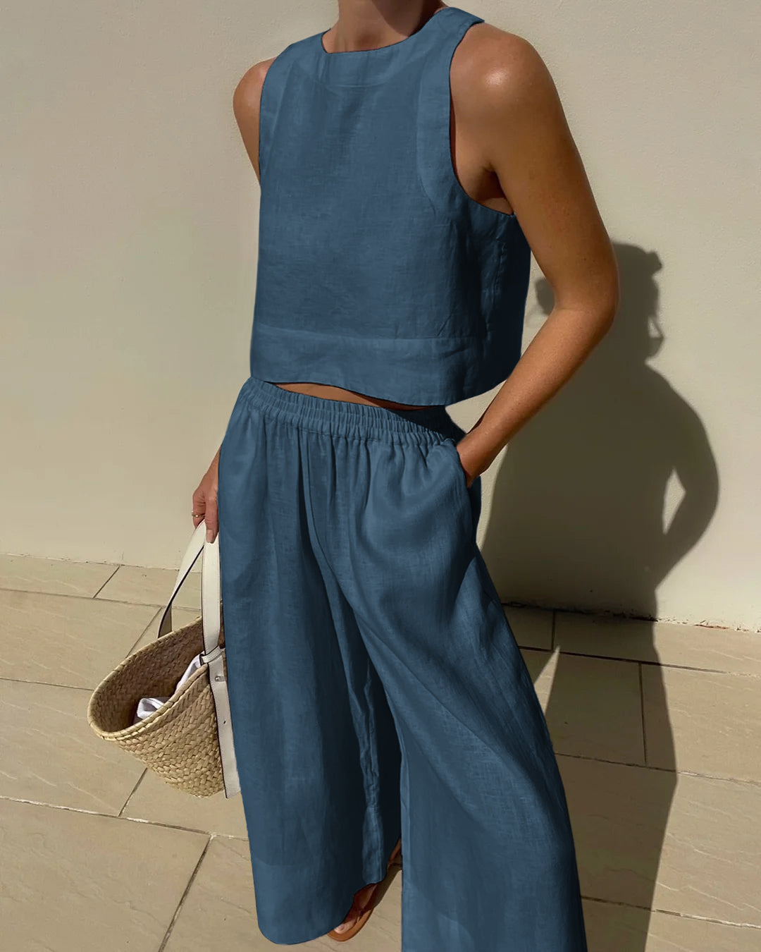 Sleeveless Linen Top and Elastic Waist Pants Tow Piece Set for Women | Marleigh