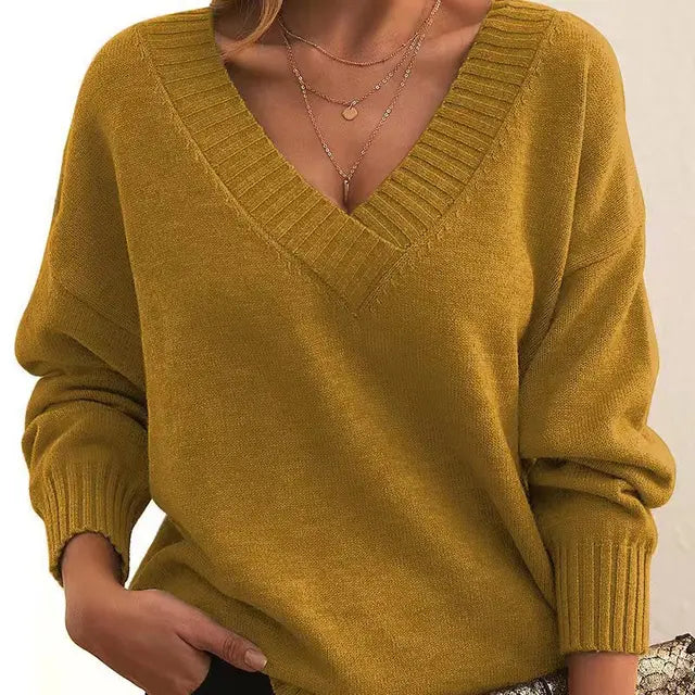 Ribbed Trim V-Neck Sweater for Women | Aitana