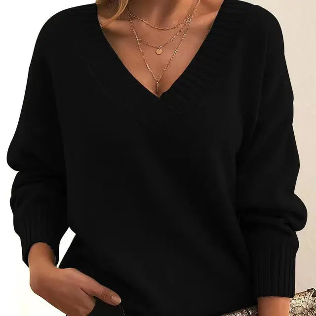 Ribbed Trim V-Neck Sweater for Women | Aitana