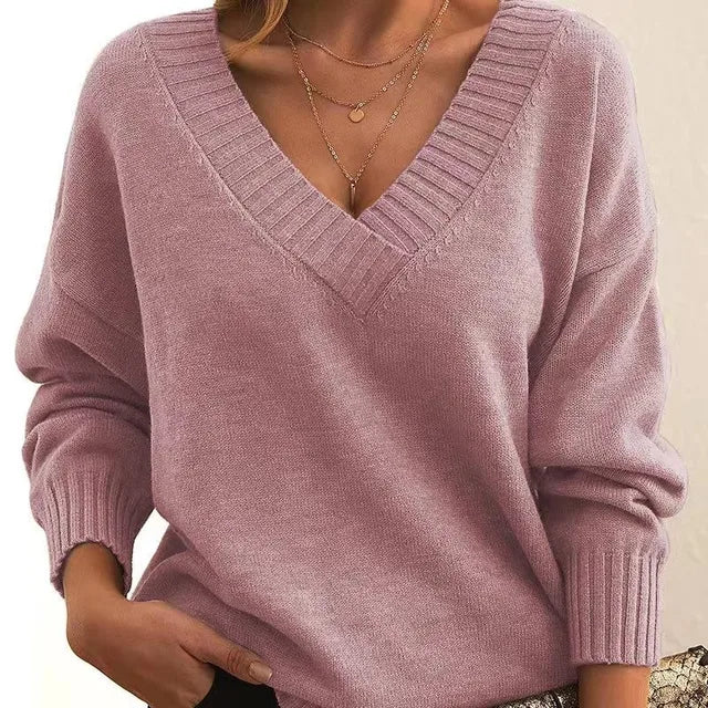 Ribbed Trim V-Neck Sweater for Women | Aitana