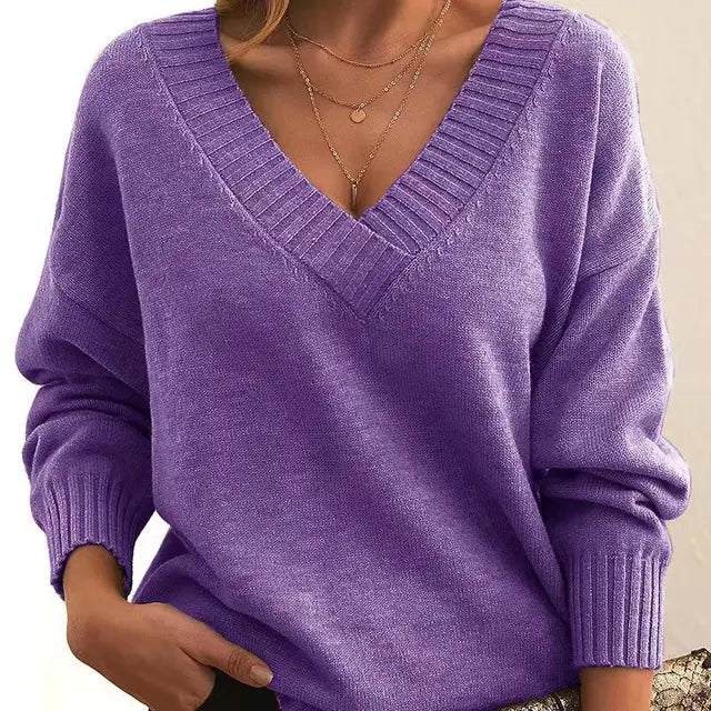 Ribbed Trim V-Neck Sweater for Women | Aitana