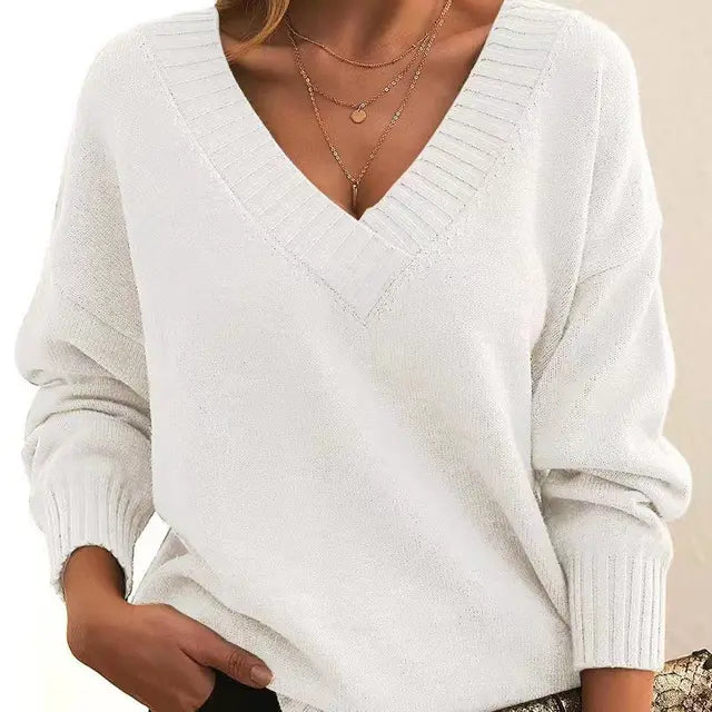 Ribbed Trim V-Neck Sweater for Women | Aitana