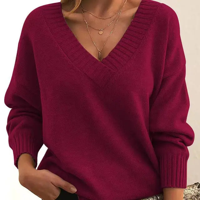 Ribbed Trim V-Neck Sweater for Women | Aitana