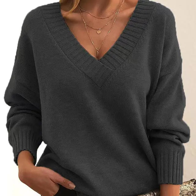 Ribbed Trim V-Neck Sweater for Women | Aitana