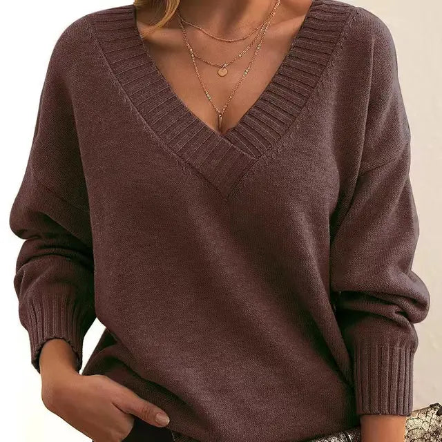 Ribbed Trim V-Neck Sweater for Women | Aitana