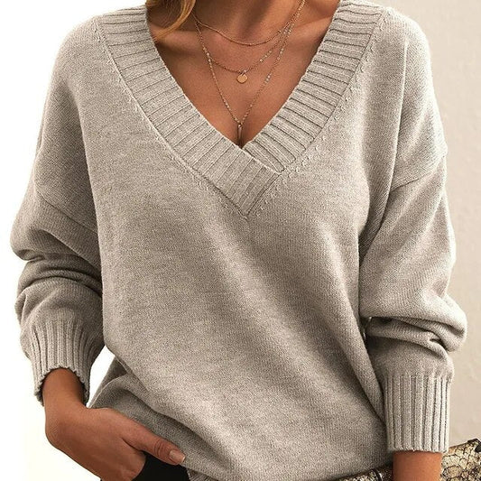 Ribbed Trim V-Neck Sweater for Women | Aitana