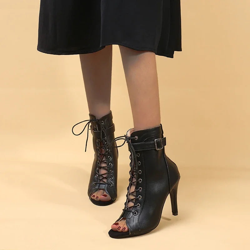 Peep Toe Lace-up Ankle Boots with Stiletto Heel | Mercy