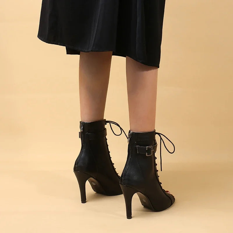 Peep Toe Lace-up Ankle Boots with Stiletto Heel | Mercy