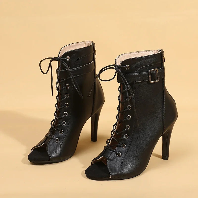 Peep Toe Lace-up Ankle Boots with Stiletto Heel | Mercy