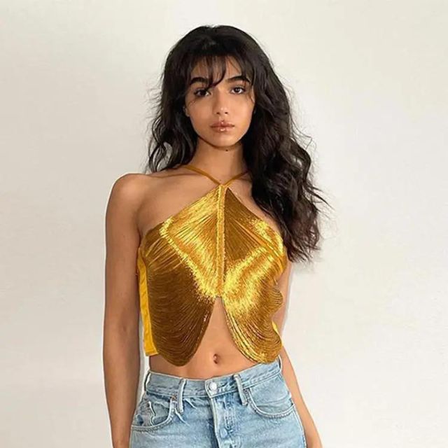 Metallic Cross-Front Halter Neck Crop Top | Marlena