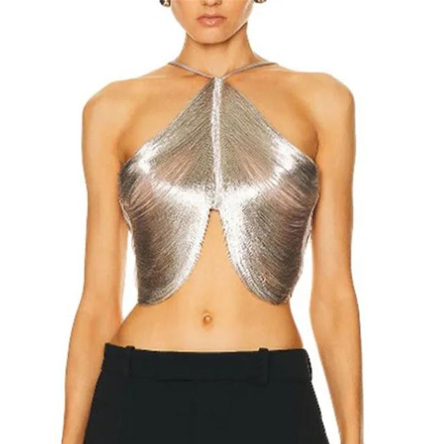 Metallic Cross-Front Halter Neck Crop Top | Marlena