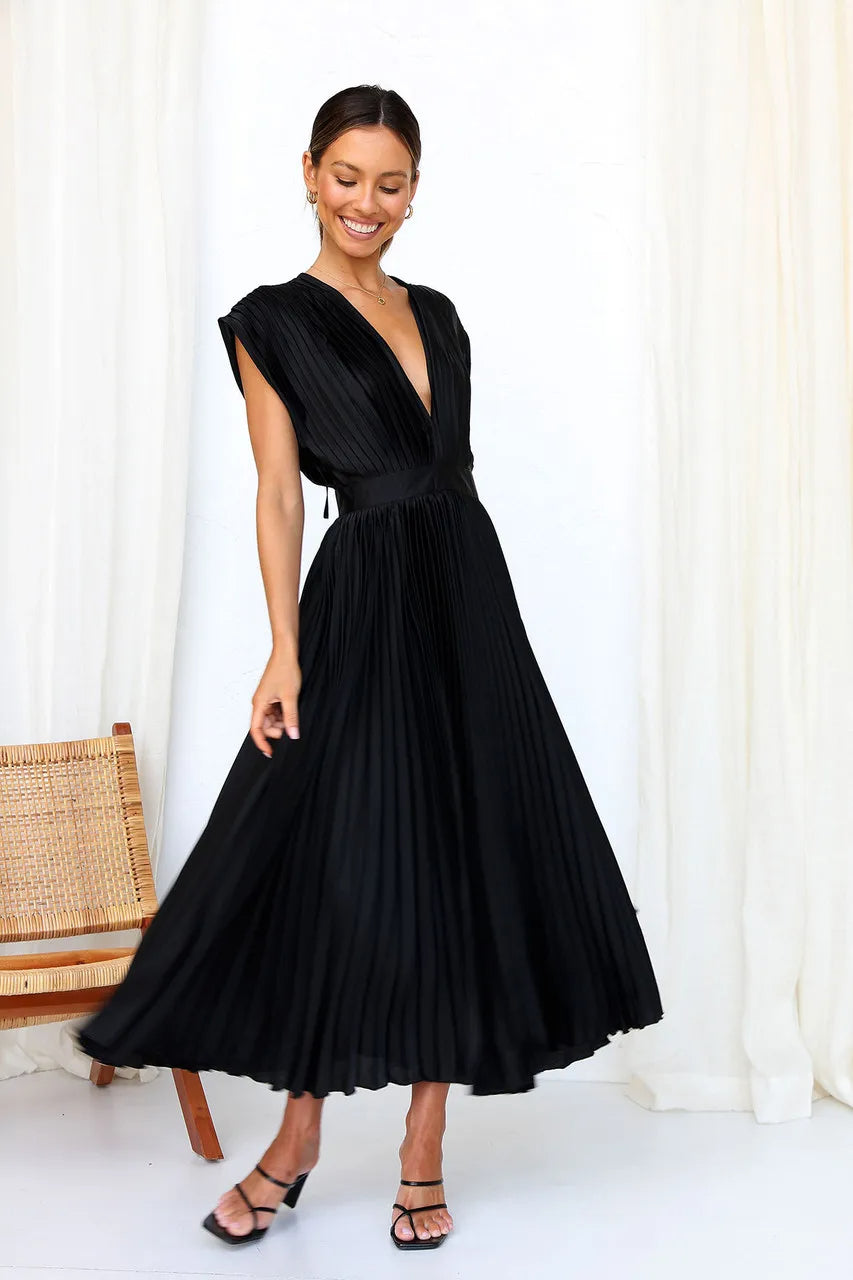 V-Neck Pleated Evening Midi Dress | Keisha