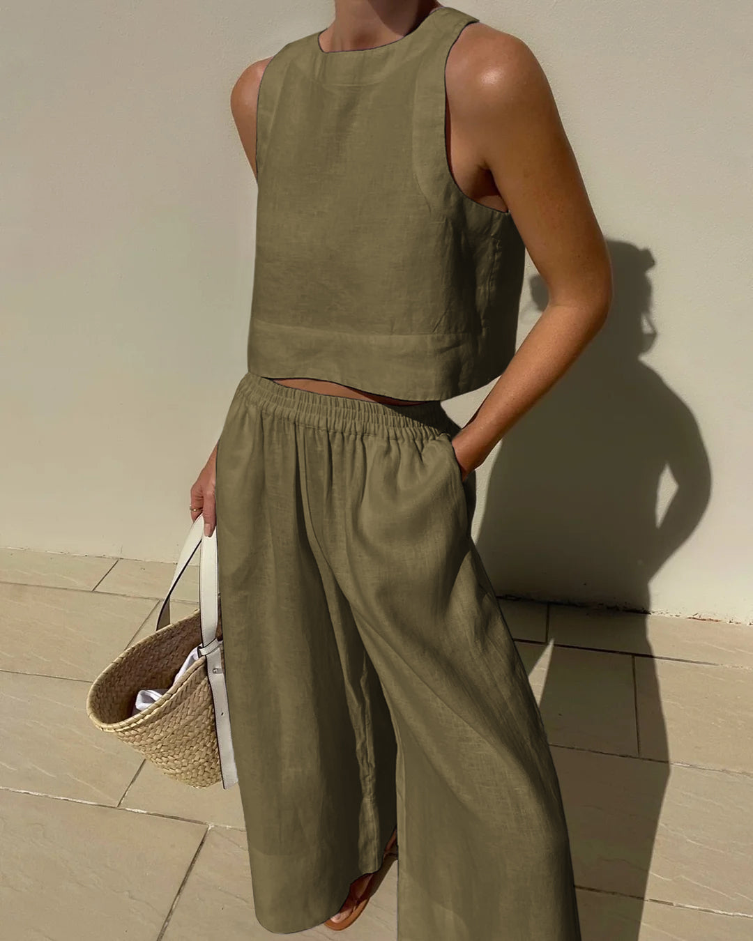 Sleeveless Linen Top and Elastic Waist Pants Tow Piece Set for Women | Marleigh