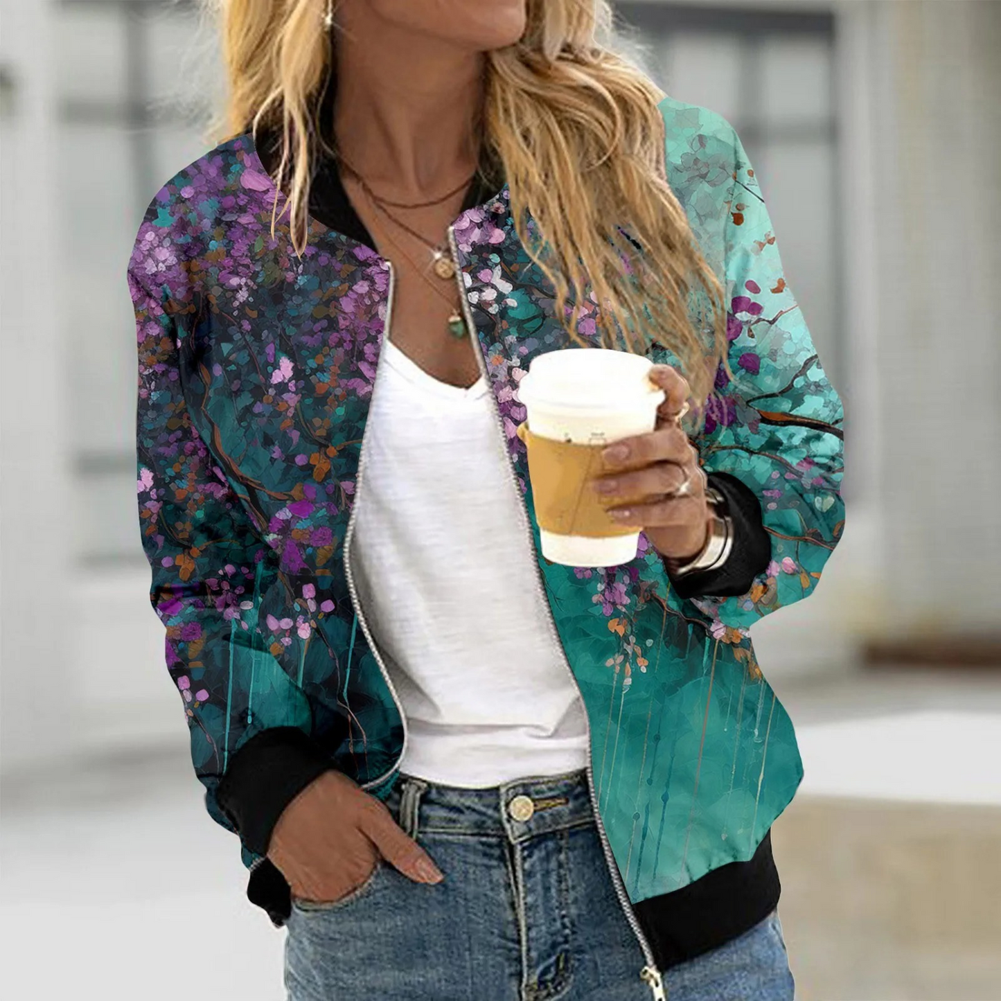 Floral Pattern Vintage Bomber Jacket for Women | Jalexa