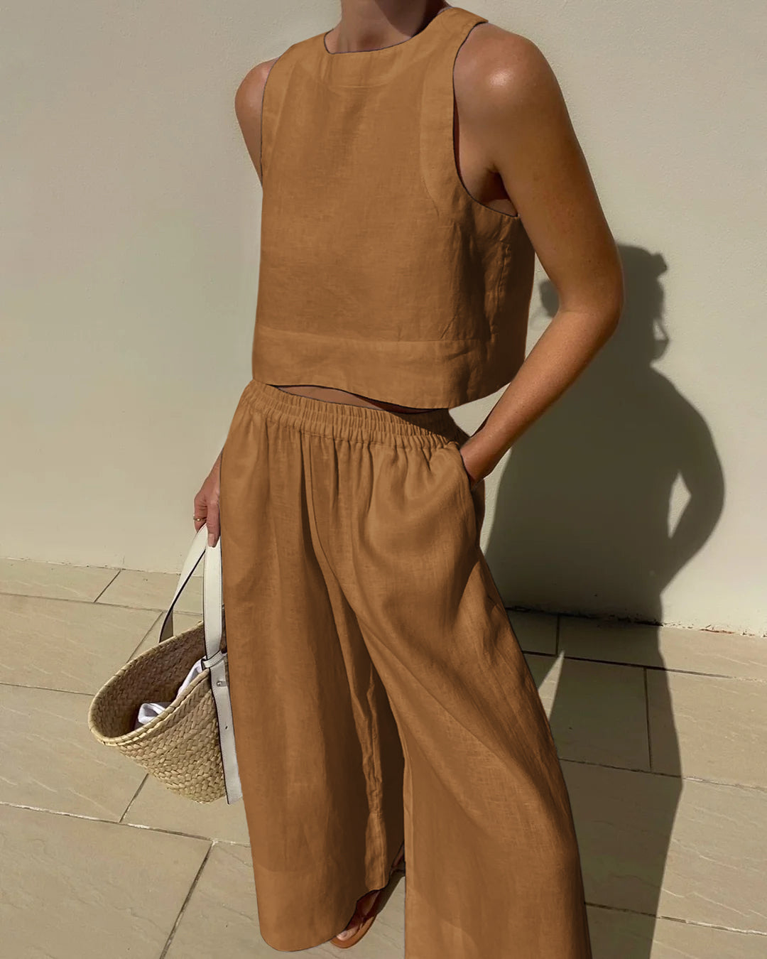 Sleeveless Linen Top and Elastic Waist Pants Tow Piece Set for Women | Marleigh