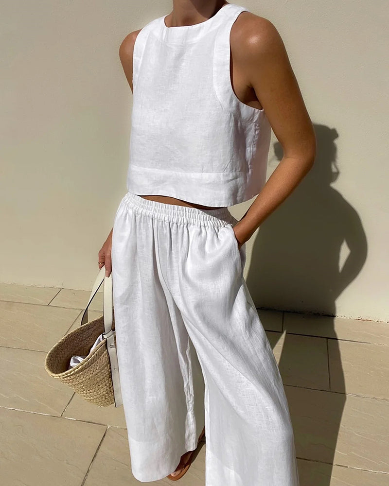 Sleeveless Linen Top and Elastic Waist Pants Tow Piece Set for Women | Marleigh