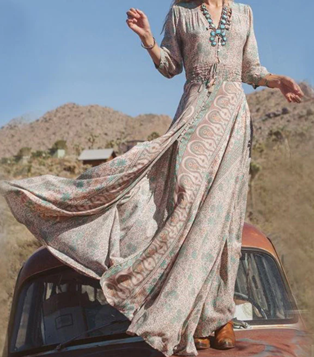 Boho Style Long Sleeve Maxi Dress with Front Slit | Selah