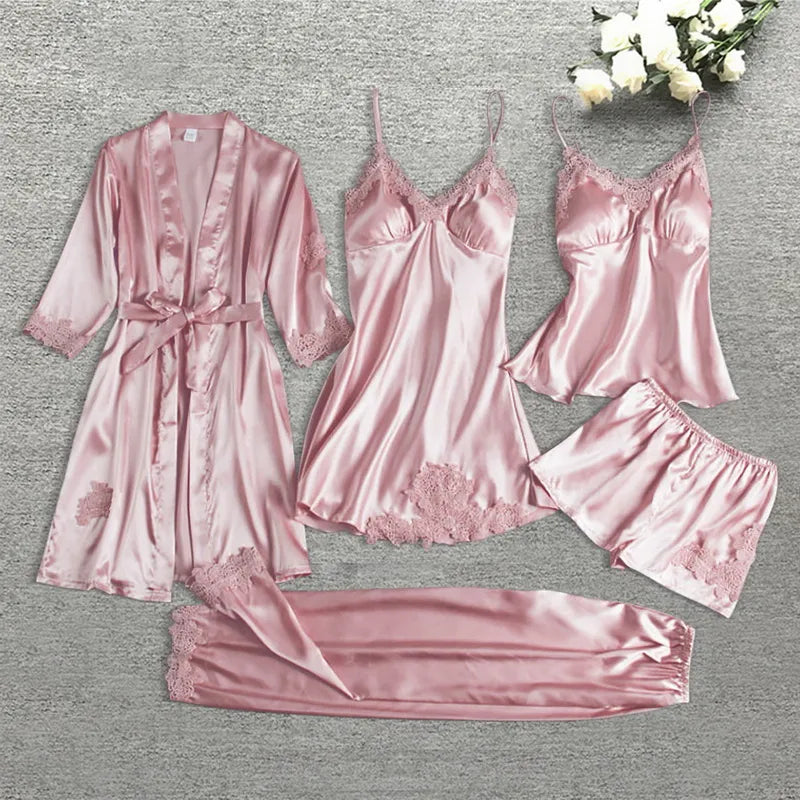 Silk Pajama Five-Piece Sleepwear for Women | Yareli