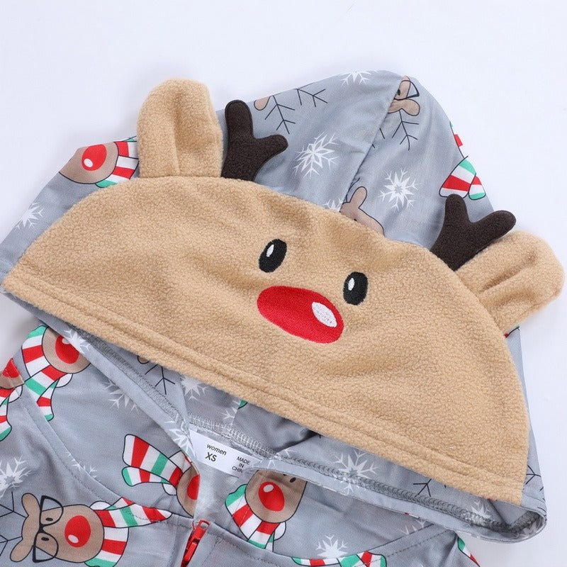 One-piece elk ear hooded jumpsuit and matching Christmas pajama set for the whole family - Elkax