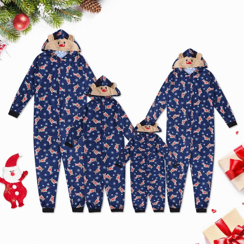 One-piece elk ear hooded jumpsuit and matching Christmas pajama set for the whole family - Elkax