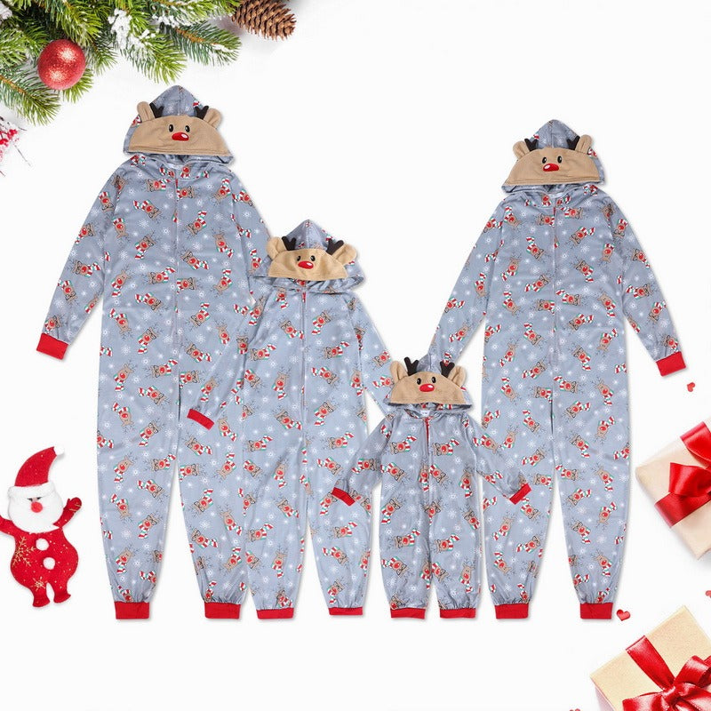 One-piece elk ear hooded jumpsuit and matching Christmas pajama set for the whole family - Elkax