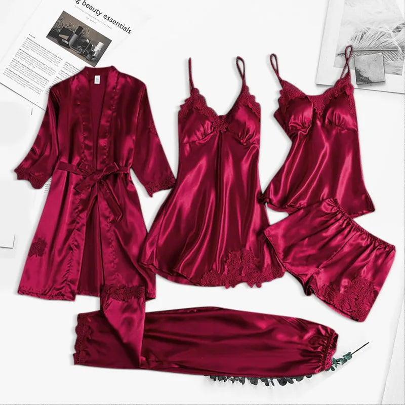 Silk Pajama Five-Piece Sleepwear for Women | Yareli