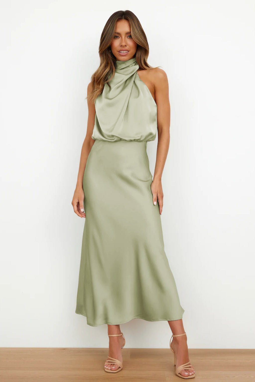 Asymmetric Halter Neck Satin Midi Dress | Joyren