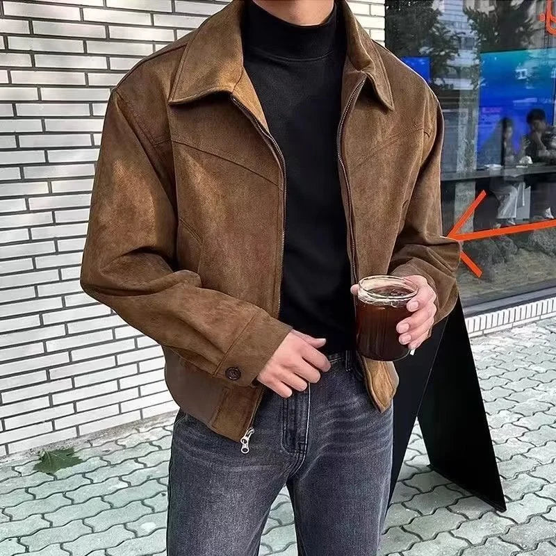 Vintage Solid Brown Bomber Jacket for Men | Drew