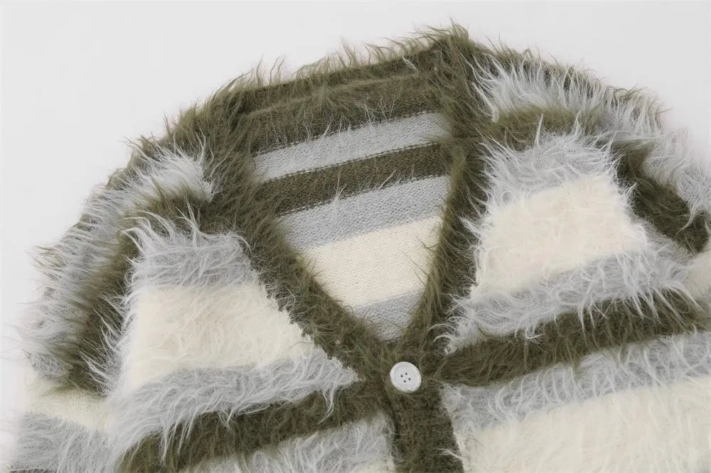 Fuzzy Striped Ribbed Trim Cardigan for Men | Skieto