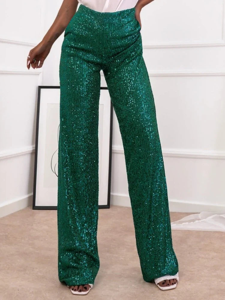 Silk sequined flared trousers for women | Shaki