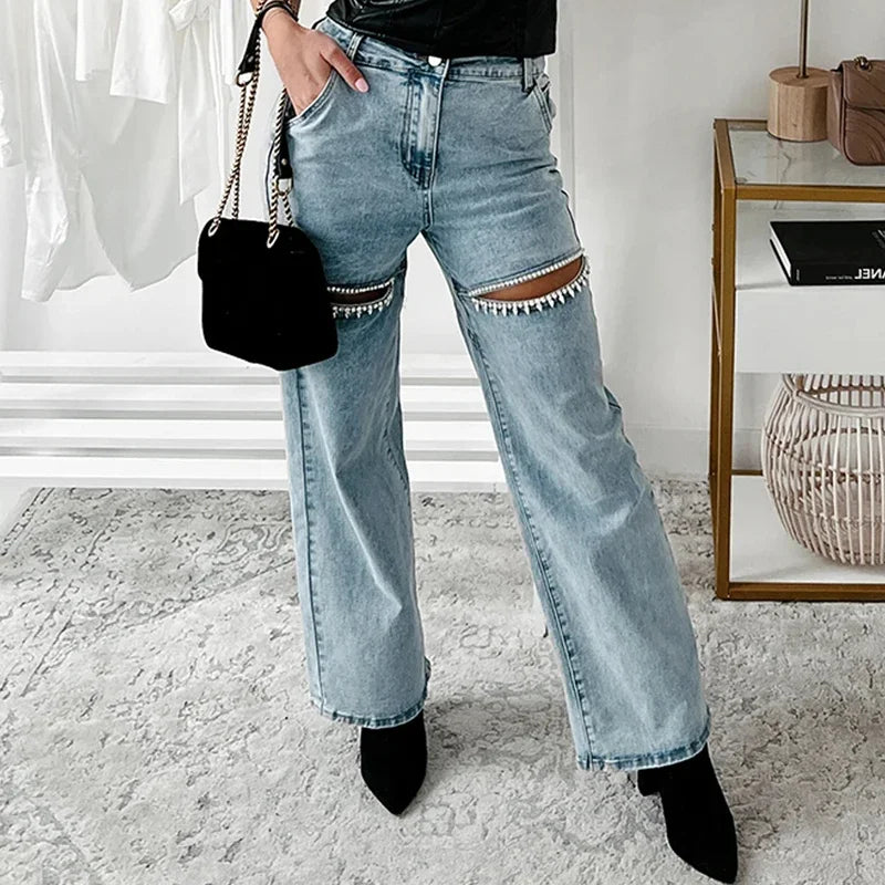 Slim fit diamond patchwork denim trousers for women - Whitny