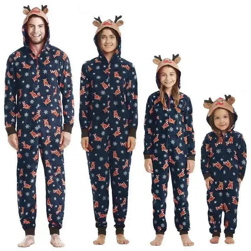 One-piece elk ear hooded jumpsuit and matching Christmas pajama set for the whole family - Elkax