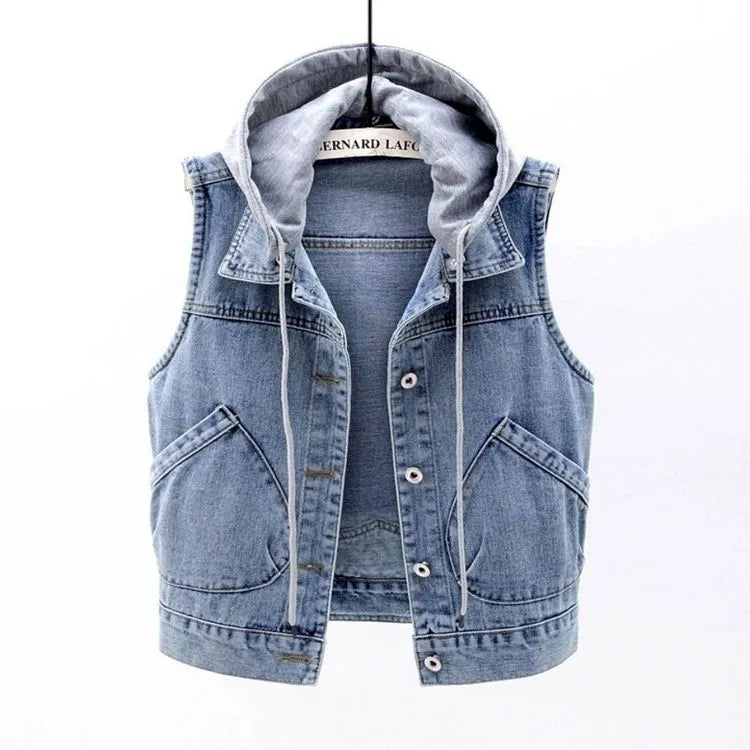 Denim Vest with Hood and Chest Pockets | Parenia