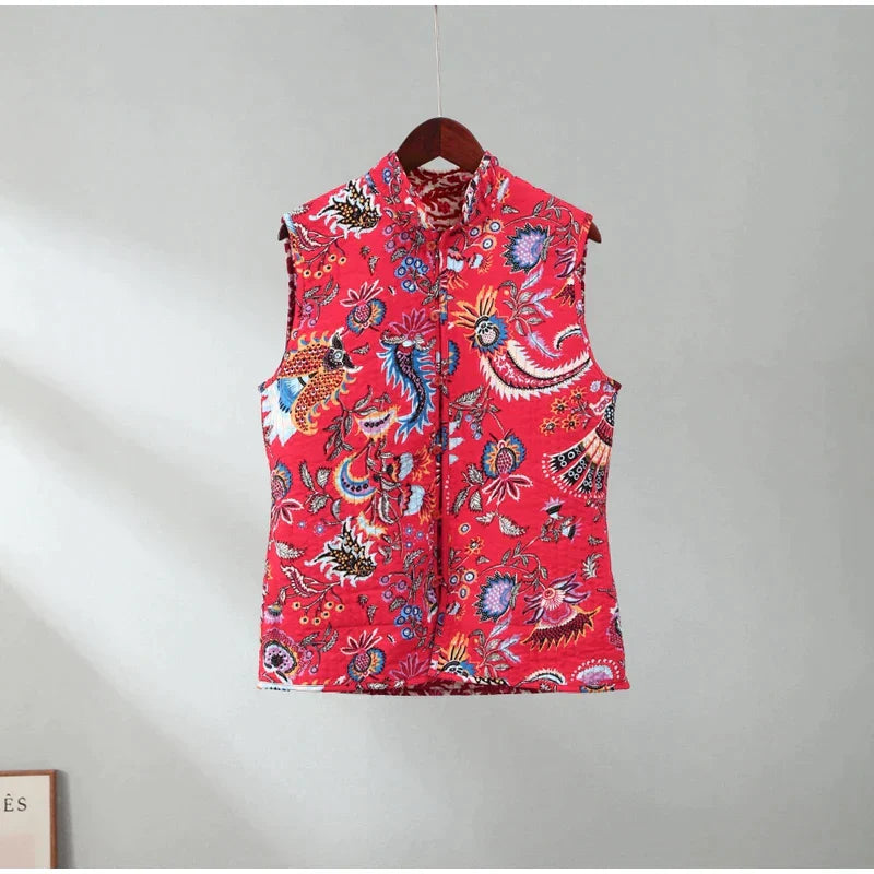 Floral Print Vintage Quilted Vest for Women | Jinava