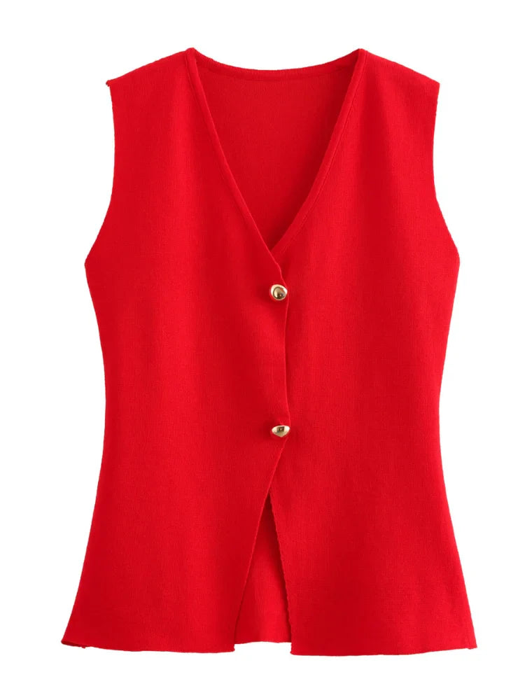 Solid color V-neck knitted vest for women - Darlene