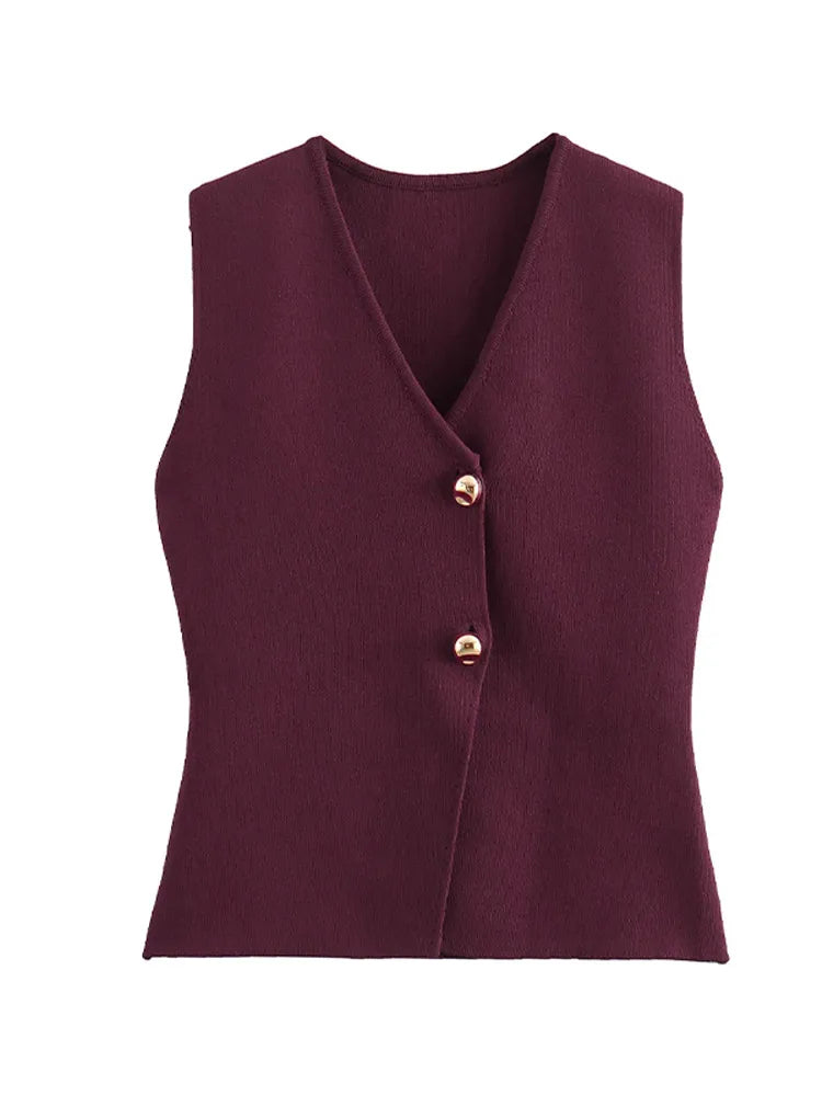 Solid color V-neck knitted vest for women - Darlene