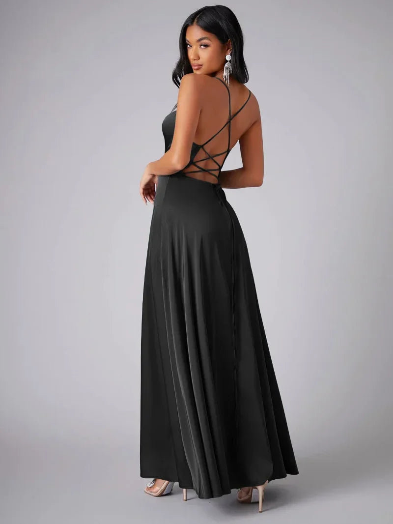 Women's silk maxi dress with low back neckline, suitable for formal occasions - Masha