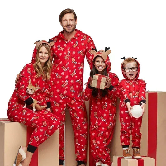 One-piece elk ear hooded jumpsuit and matching Christmas pajama set for the whole family - Elkax