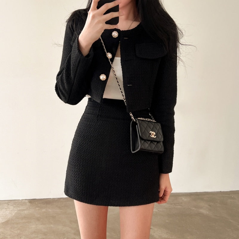 Textured Crop Blazer and Mini Skirt Two-Piece Set | Leslie