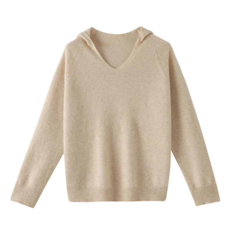 Cashmere V-Neck Sweater With Hood | Adrienne