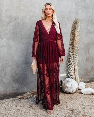 Boho Style Long Sleeve Mesh Lace Maxi Dress | Bethany