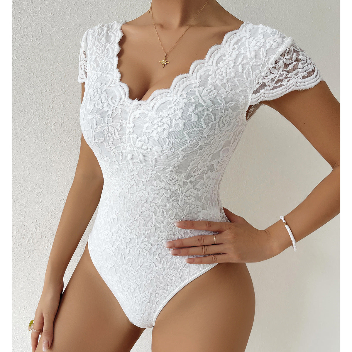 Short Sleeve V-Neck Lace Bodysuits | Azalea