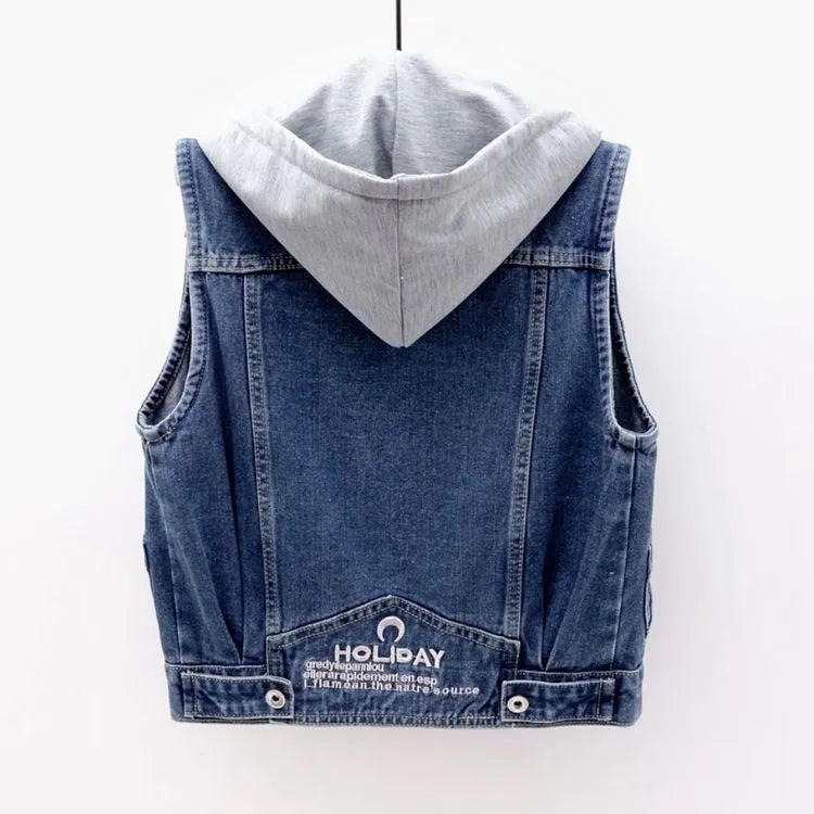 Denim Vest with Hood and Chest Pockets | Parenia