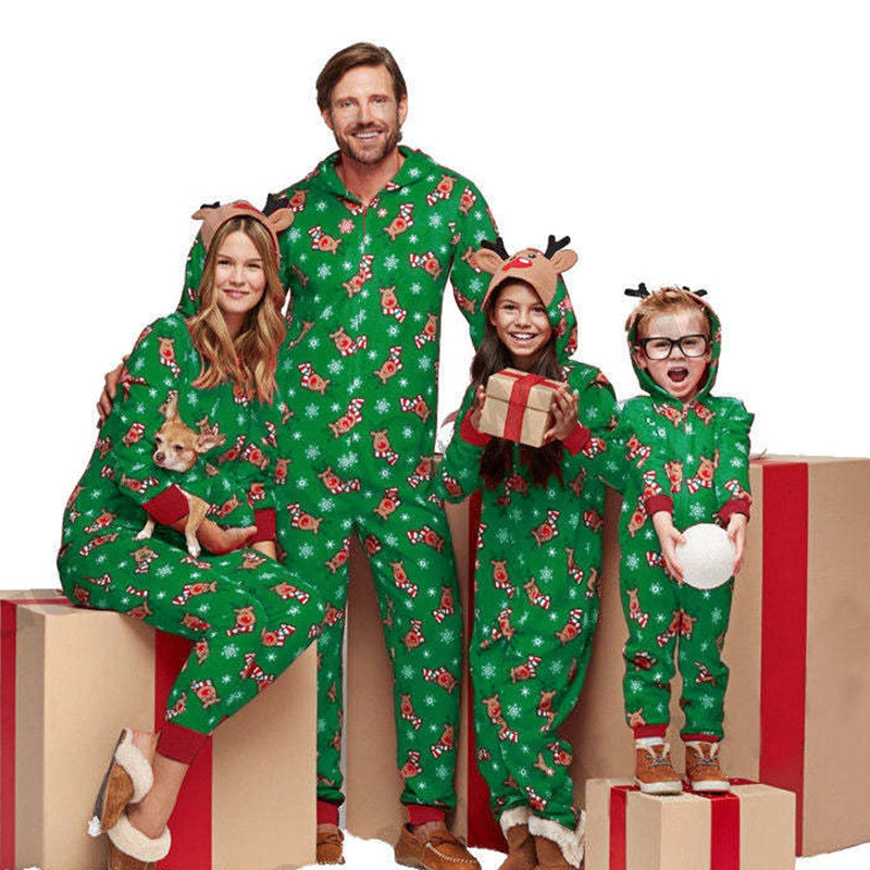 One-piece elk ear hooded jumpsuit and matching Christmas pajama set for the whole family - Elkax