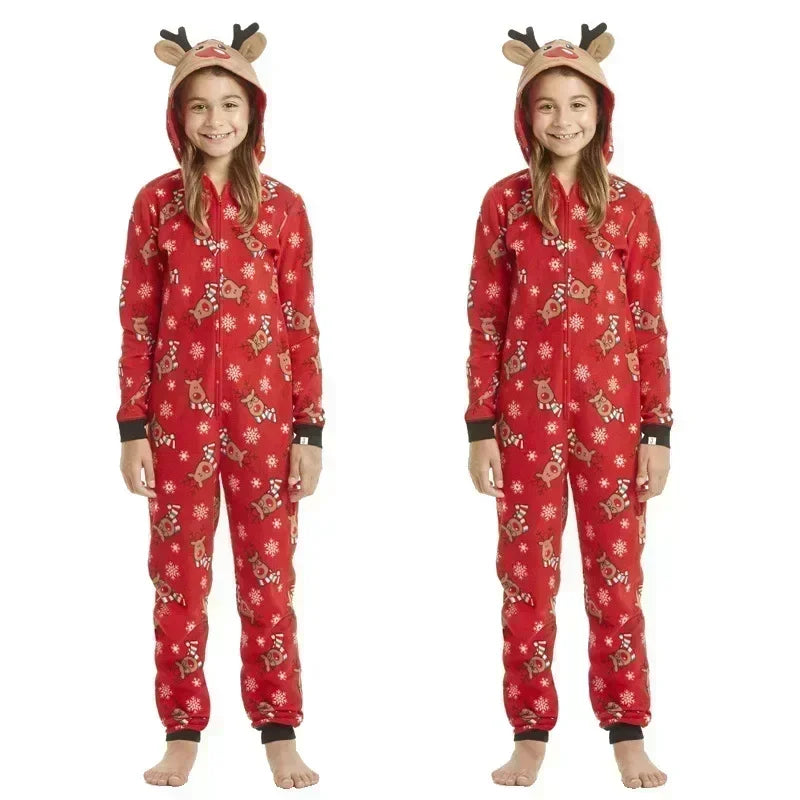 One-piece elk ear hooded jumpsuit and matching Christmas pajama set for the whole family - Elkax