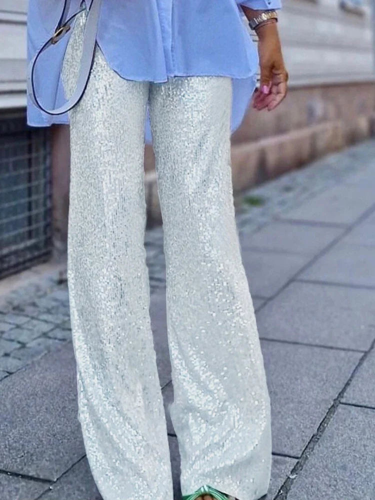 Silk sequined flared trousers for women | Shaki