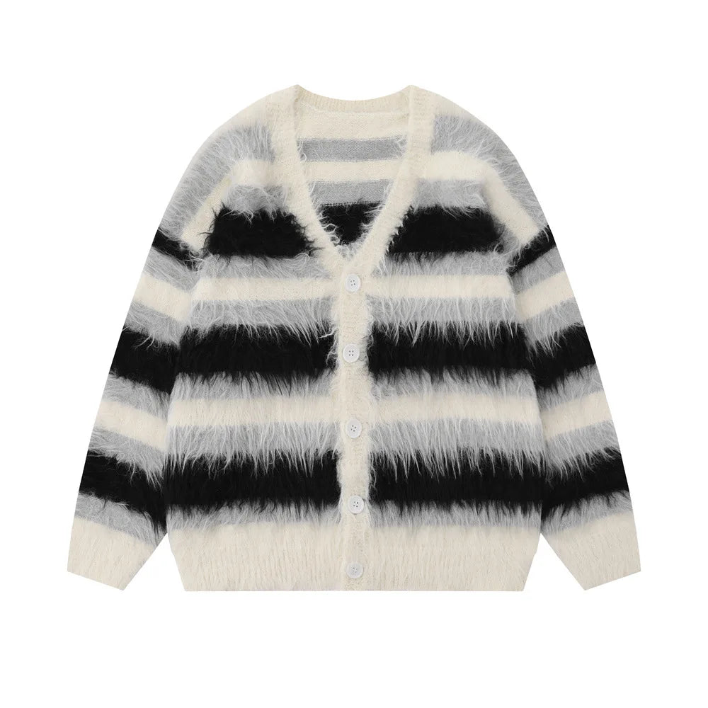 Fuzzy Striped Ribbed Trim Cardigan for Men | Skieto