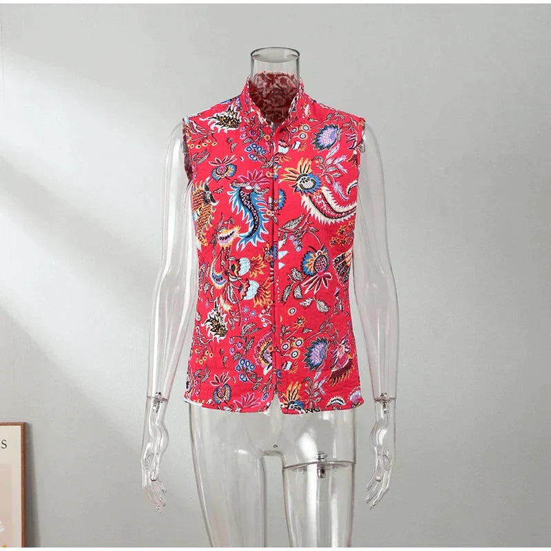 Floral Print Vintage Quilted Vest for Women | Jinava