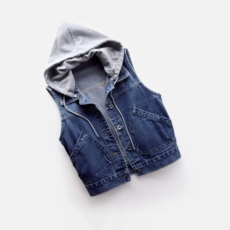 Denim Vest with Hood and Chest Pockets | Parenia